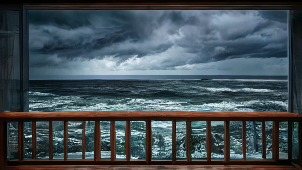Balcony mit Ansicht von stürmischen Meeresblick, Wellen, dunkle Wolken, Regen