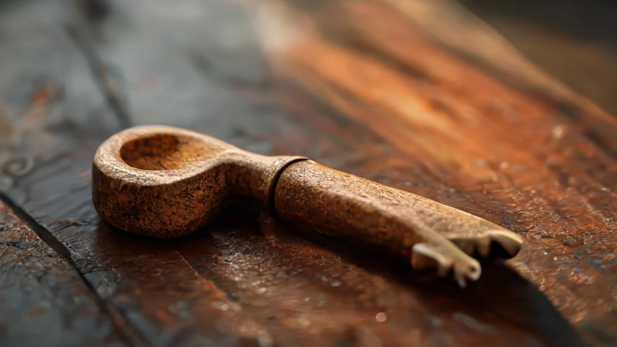 LLave de corte, marrón, textura áspera, superficie desgastada, sobre madera pintada, luz cálida, profundidad de campo baja, fotorealista, detalles altos