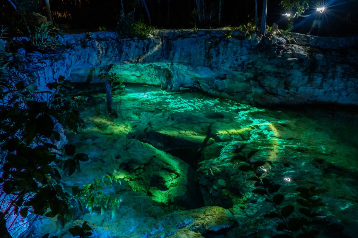 Cenote entrance with steps leading into a natural sinkhole