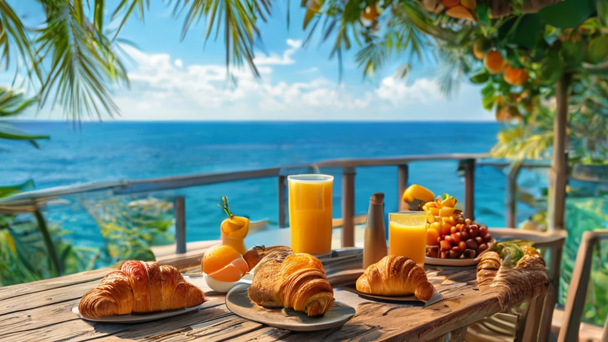 Trolley de desayuno de lujo en la terraza con frutas frescas, galletas y bebidas