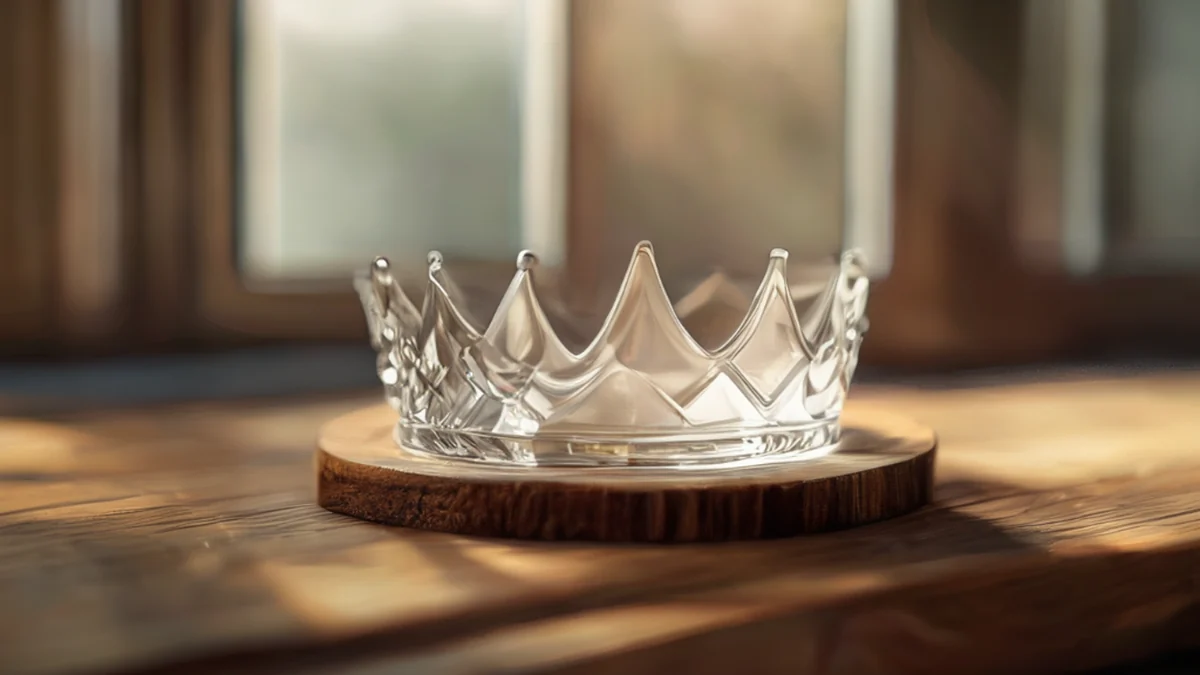 corona di vetro chiaro, rotonda e liscia, su un piano di legno, luce soffusa della finestra, obiettivo 50mm, profondità di campo sottile, realismo fotografico, focus netto, dettagli elevati
