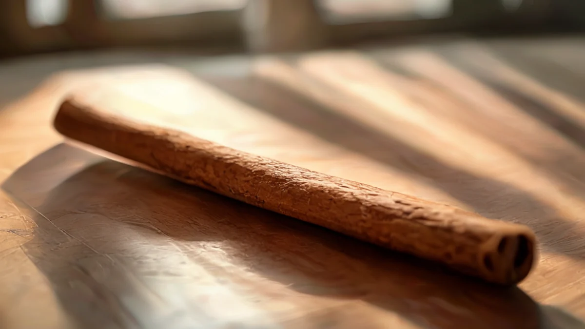 A long, slender cinnamon stick, brown with a rough texture, resting on a wooden table, under soft window light, shallow depth of field, photorealistic, sharp focus, high detail