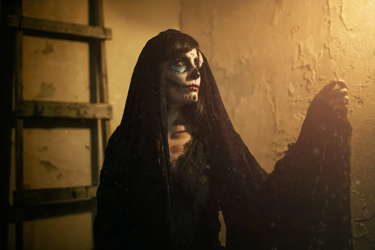 catrina, skull, day of the dead, face paint, celebration, costume, woman, black dress, skull paint, mexico, dead, holiday, skull, skull, skull, costume, mexico,